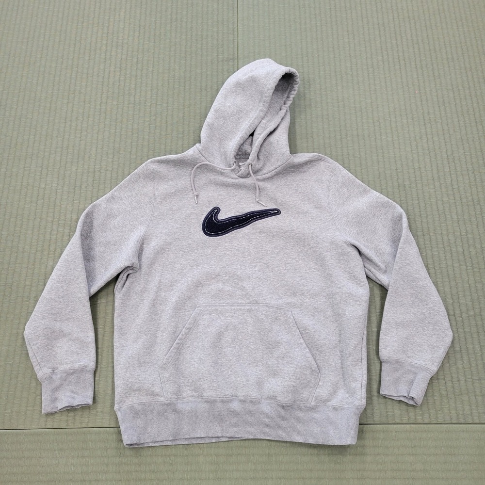 NIKE Center Check Swoosh Felted Big‎ Logo Grey Hoodie Sweatshirt Men's Sz XL Y2K